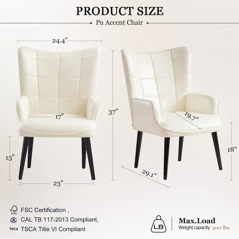 High-Back Tufted Accent Chair | Faux Leather Wingback | Solid Wood Frame | Ergonomic Armrests | 300 lbs Capacity | 37"H x 24.4"W