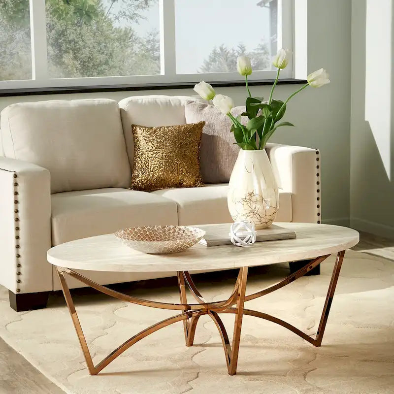 Champagne Gold Coffee Table White Faux Marble Top Intertwined Metal Base 47.75"W x 27.75"D x 18"H Contemporary Glam Style