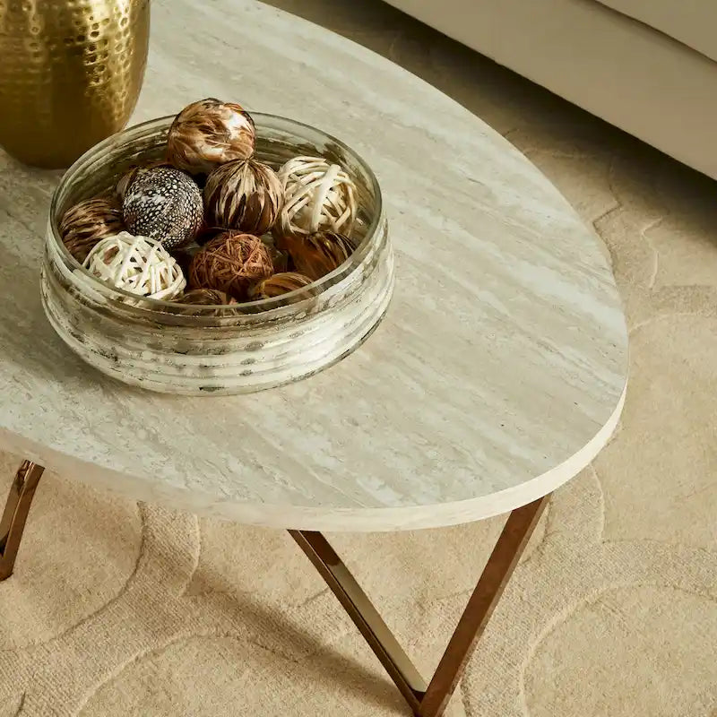 Champagne Gold Coffee Table White Faux Marble Top Intertwined Metal Base 47.75"W x 27.75"D x 18"H Contemporary Glam Style