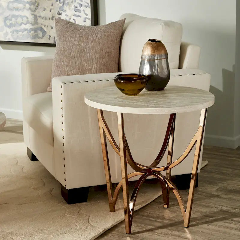 Champagne Gold Coffee Table White Faux Marble Top Intertwined Metal Base 47.75"W x 27.75"D x 18"H Contemporary Glam Style