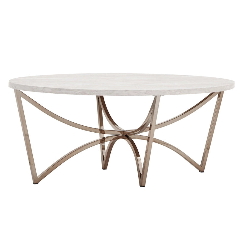 Champagne Gold Coffee Table White Faux Marble Top Intertwined Metal Base 47.75"W x 27.75"D x 18"H Contemporary Glam Style