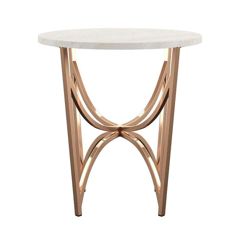 Champagne Gold Coffee Table White Faux Marble Top Intertwined Metal Base 47.75"W x 27.75"D x 18"H Contemporary Glam Style