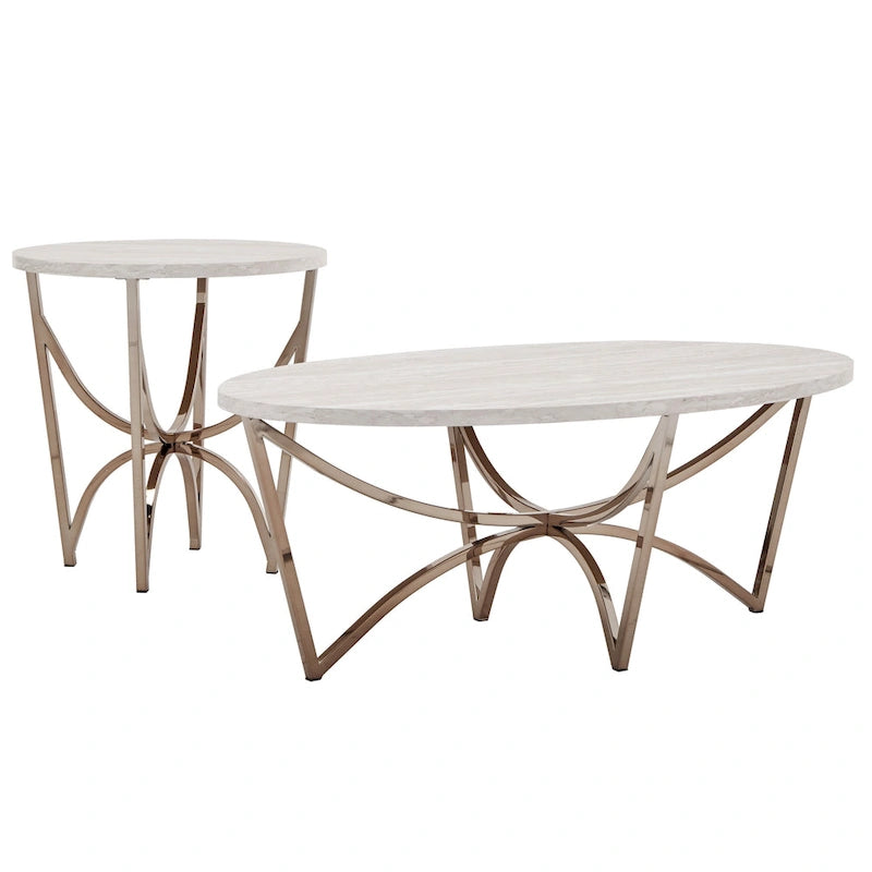 Champagne Gold Coffee Table White Faux Marble Top Intertwined Metal Base 47.75"W x 27.75"D x 18"H Contemporary Glam Style