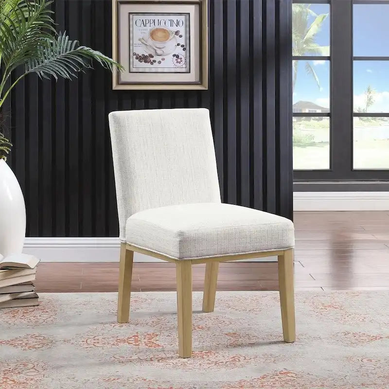 Modern Dining Chair White Woven Fabric Natural Wood Legs 19W x 23.5D x 33H Stain-Resistant Medium Firm Cushion Kitchen Seating Single Pack