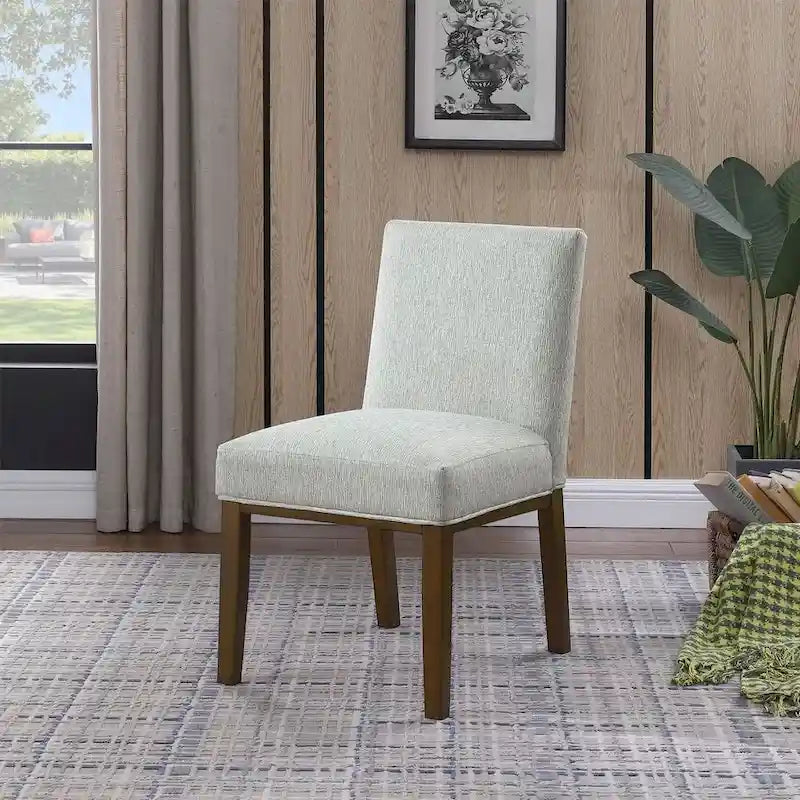 Modern Dining Chair White Woven Fabric Natural Wood Legs 19W x 23.5D x 33H Stain-Resistant Medium Firm Cushion Kitchen Seating Single Pack