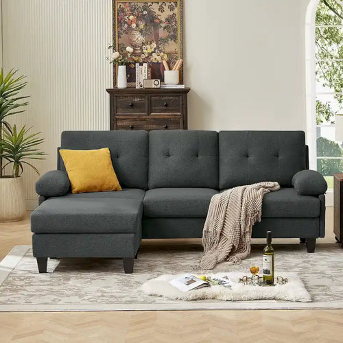 86.22" Wide L-Shaped Sectional Sofa with Reversible Ottoman, Storage Bags & Washable Linen Fabric