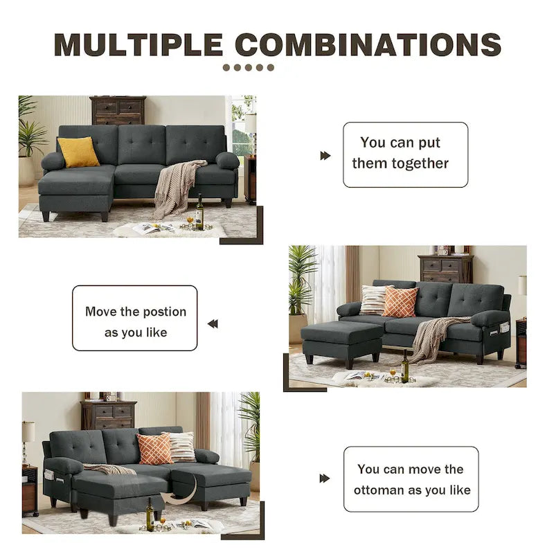 86.22" Wide L-Shaped Sectional Sofa with Reversible Ottoman, Storage Bags & Washable Linen Fabric