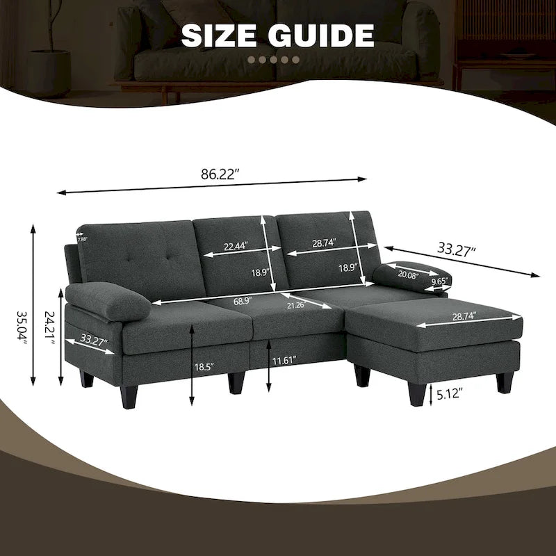 86.22" Wide L-Shaped Sectional Sofa with Reversible Ottoman, Storage Bags & Washable Linen Fabric