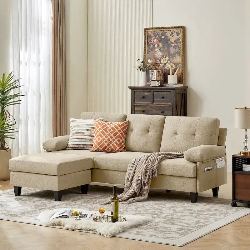 86.22" Wide L-Shaped Sectional Sofa with Reversible Ottoman, Storage Bags & Washable Linen Fabric