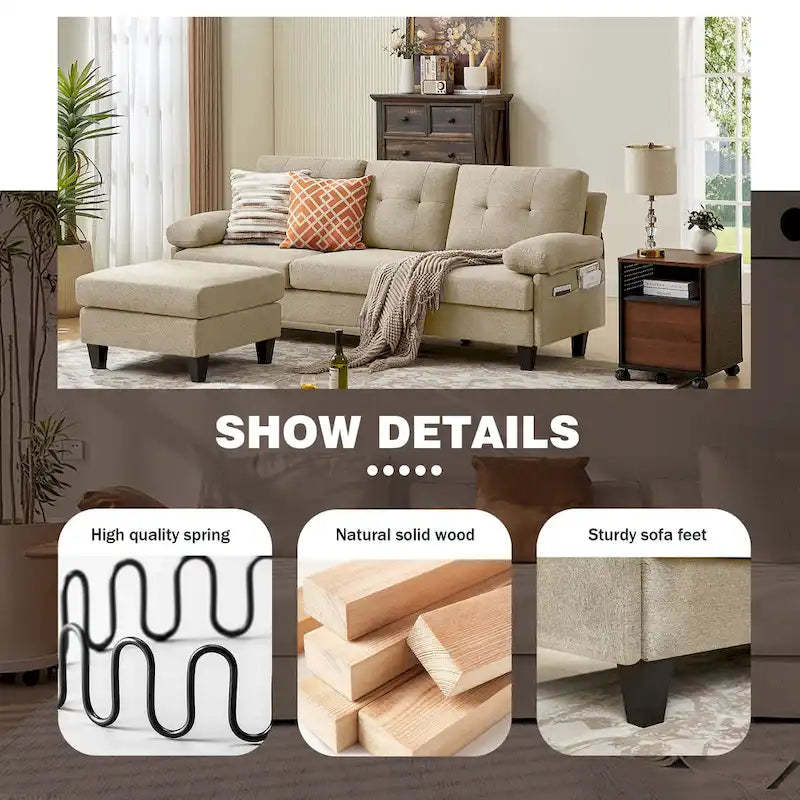 86.22" Wide L-Shaped Sectional Sofa with Reversible Ottoman, Storage Bags & Washable Linen Fabric