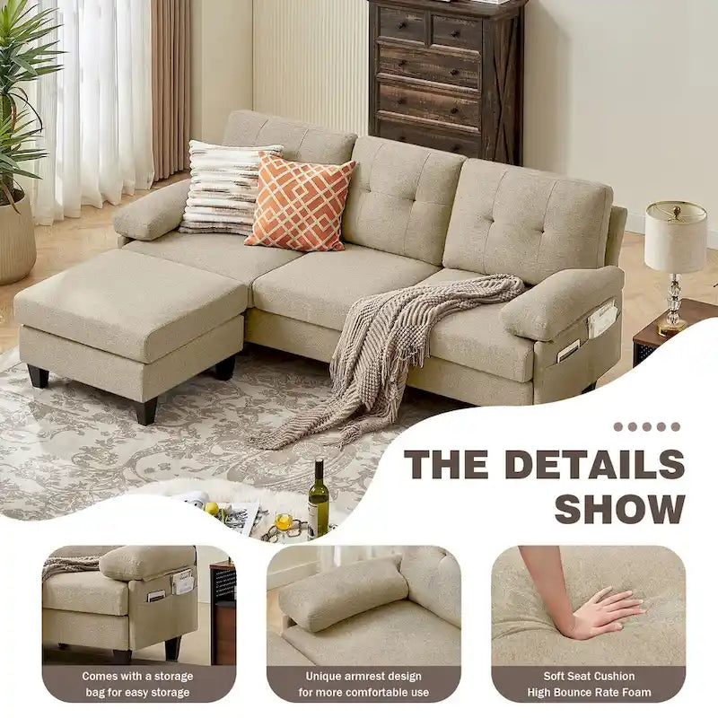 86.22" Wide L-Shaped Sectional Sofa with Reversible Ottoman, Storage Bags & Washable Linen Fabric
