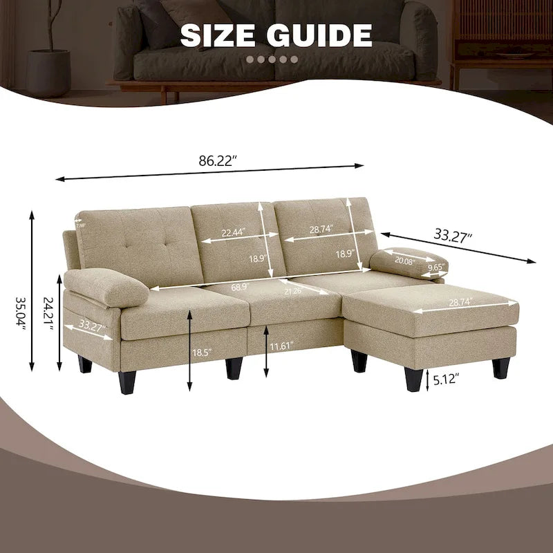 86.22" Wide L-Shaped Sectional Sofa with Reversible Ottoman, Storage Bags & Washable Linen Fabric