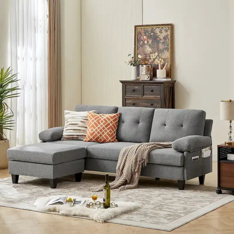 86.22" Wide L-Shaped Sectional Sofa with Reversible Ottoman, Storage Bags & Washable Linen Fabric