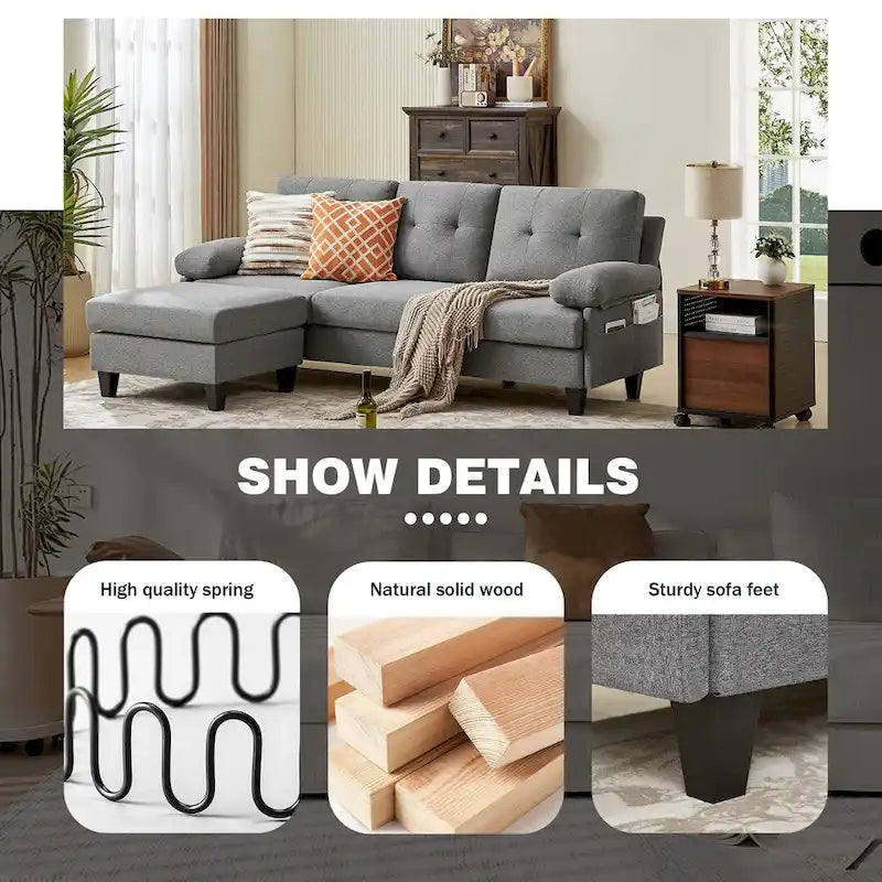 86.22" Wide L-Shaped Sectional Sofa with Reversible Ottoman, Storage Bags & Washable Linen Fabric