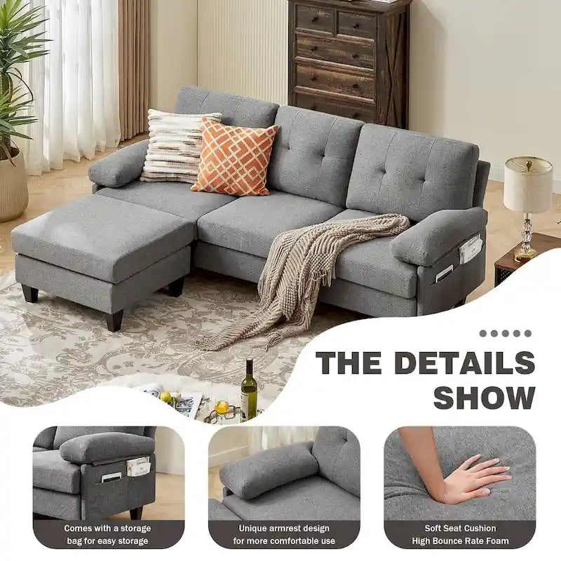 86.22" Wide L-Shaped Sectional Sofa with Reversible Ottoman, Storage Bags & Washable Linen Fabric