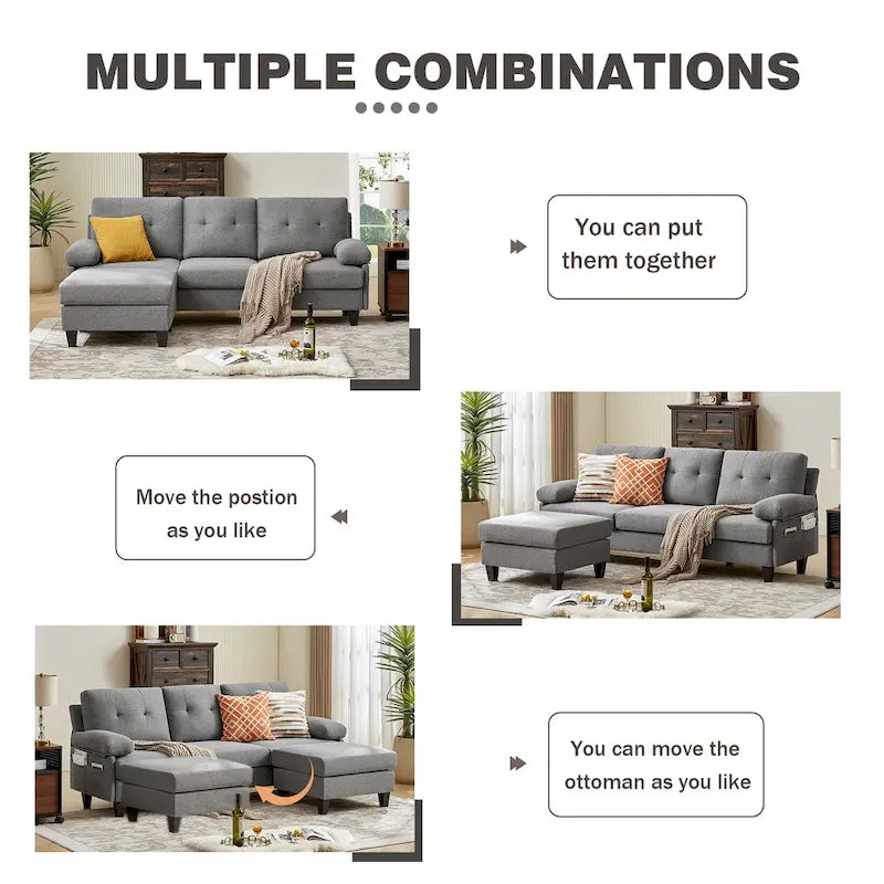 86.22" Wide L-Shaped Sectional Sofa with Reversible Ottoman, Storage Bags & Washable Linen Fabric