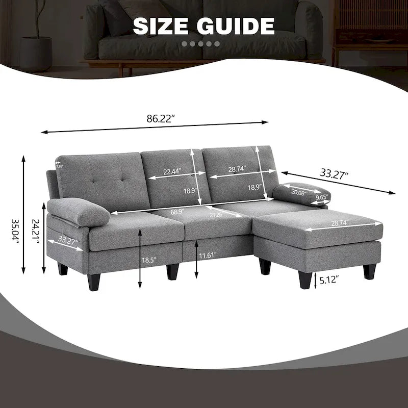 86.22" Wide L-Shaped Sectional Sofa with Reversible Ottoman, Storage Bags & Washable Linen Fabric