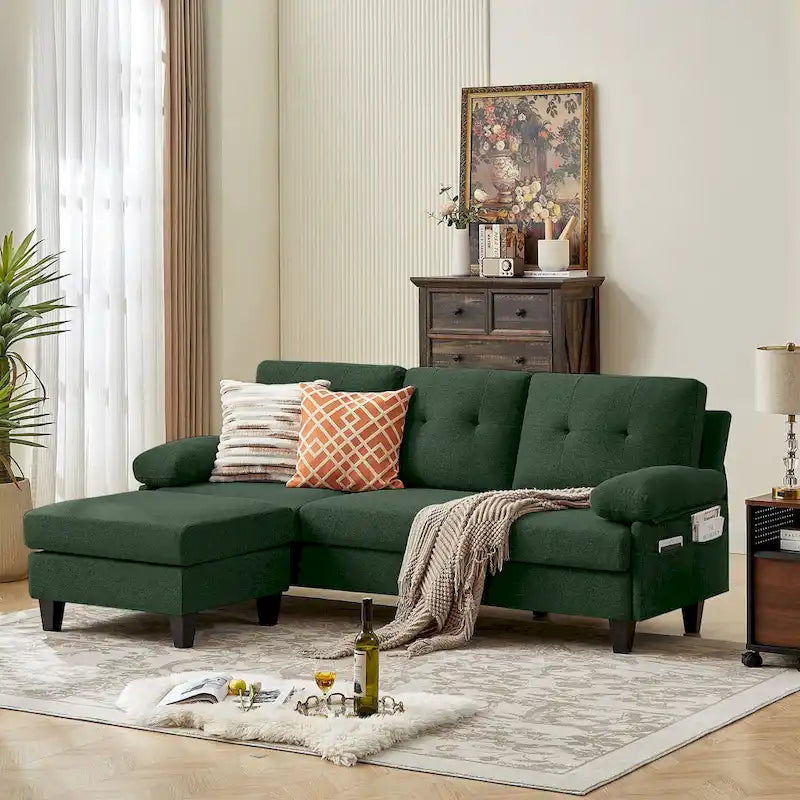 86.22" Wide L-Shaped Sectional Sofa with Reversible Ottoman, Storage Bags & Washable Linen Fabric