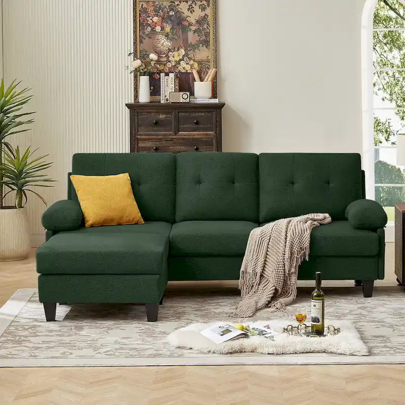 86.22" Wide L-Shaped Sectional Sofa with Reversible Ottoman, Storage Bags & Washable Linen Fabric