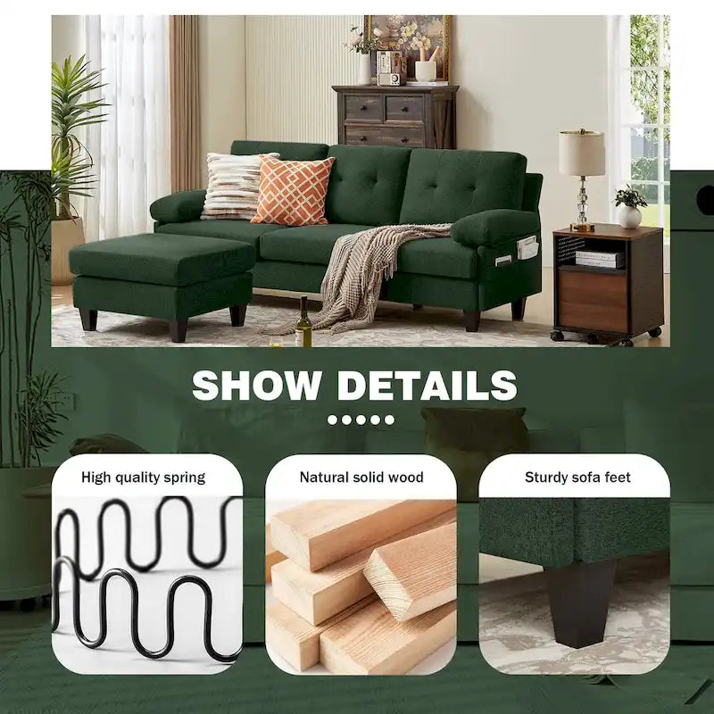 86.22" Wide L-Shaped Sectional Sofa with Reversible Ottoman, Storage Bags & Washable Linen Fabric