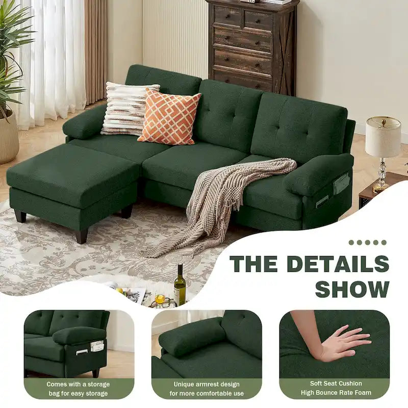 86.22" Wide L-Shaped Sectional Sofa with Reversible Ottoman, Storage Bags & Washable Linen Fabric