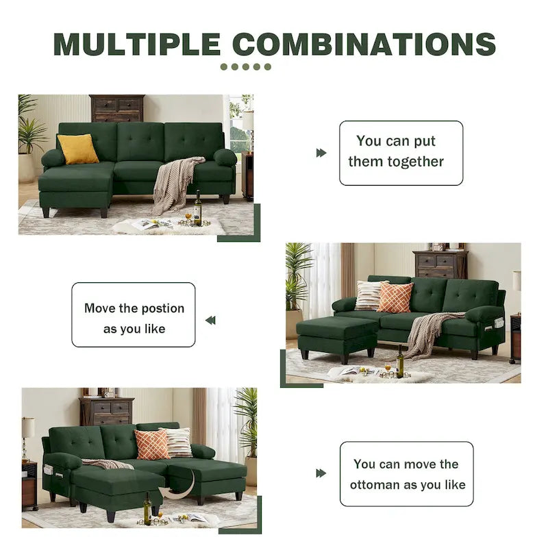 86.22" Wide L-Shaped Sectional Sofa with Reversible Ottoman, Storage Bags & Washable Linen Fabric