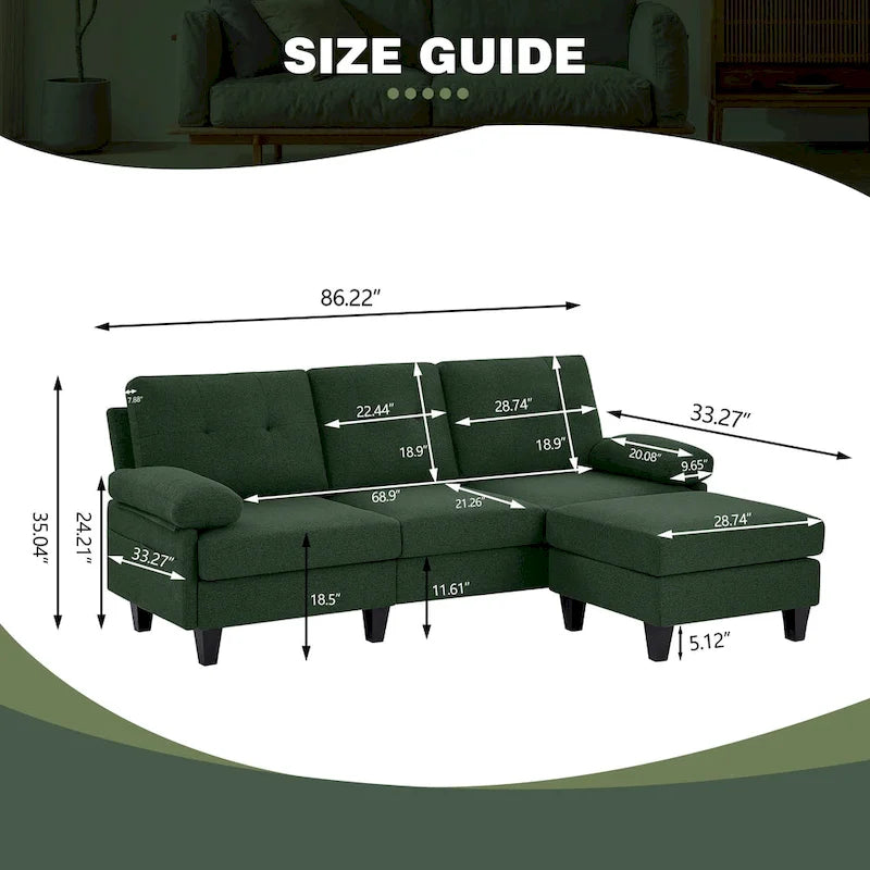 86.22" Wide L-Shaped Sectional Sofa with Reversible Ottoman, Storage Bags & Washable Linen Fabric