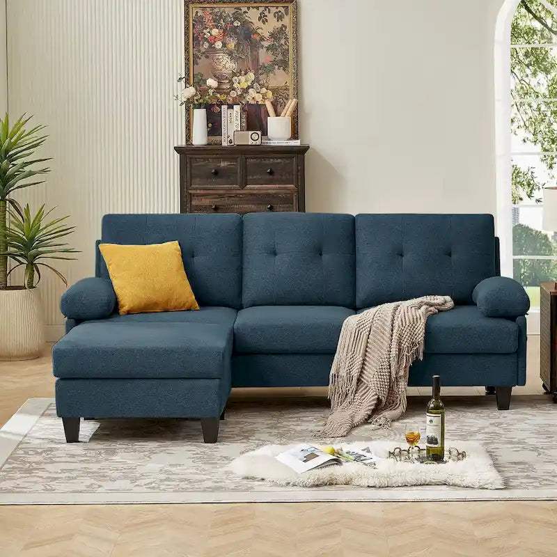 86.22" Wide L-Shaped Sectional Sofa with Reversible Ottoman, Storage Bags & Washable Linen Fabric