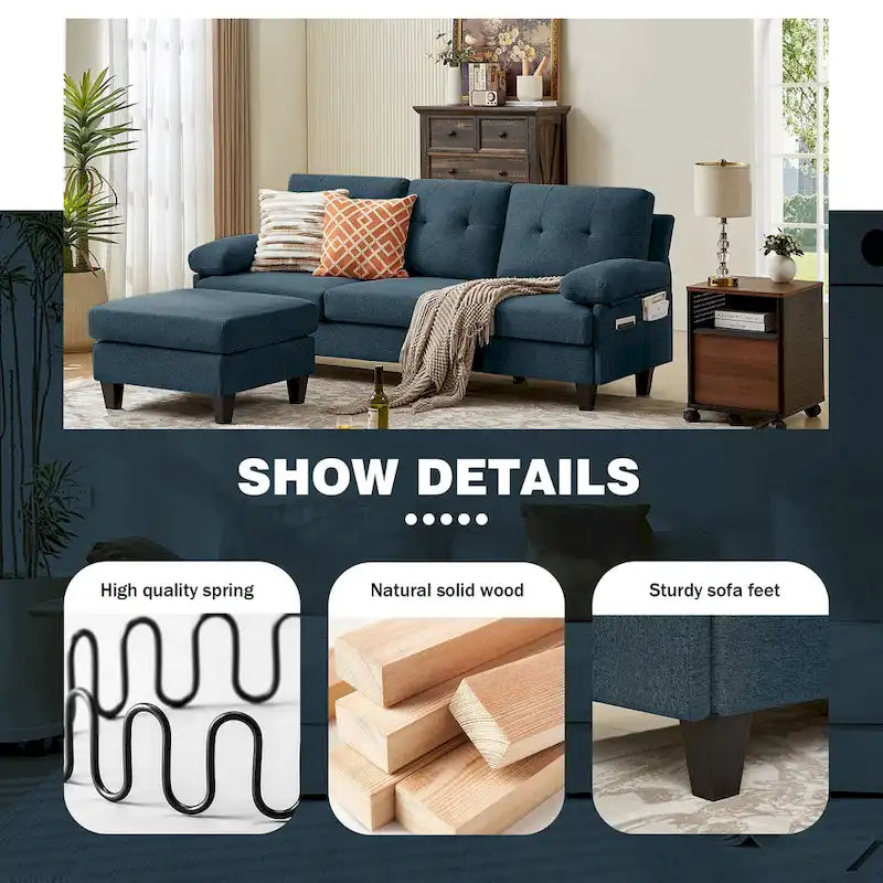 86.22" Wide L-Shaped Sectional Sofa with Reversible Ottoman, Storage Bags & Washable Linen Fabric
