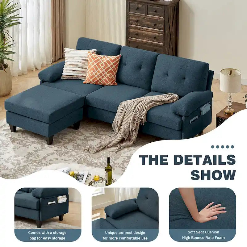 86.22" Wide L-Shaped Sectional Sofa with Reversible Ottoman, Storage Bags & Washable Linen Fabric