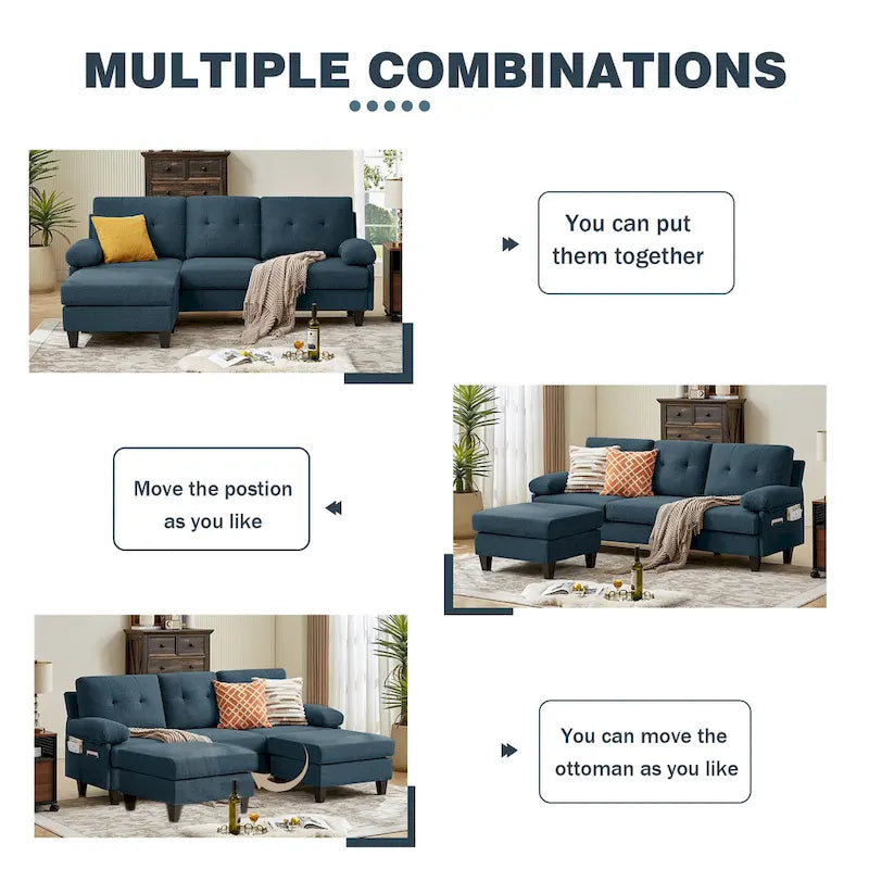86.22" Wide L-Shaped Sectional Sofa with Reversible Ottoman, Storage Bags & Washable Linen Fabric