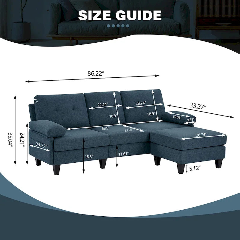 86.22" Wide L-Shaped Sectional Sofa with Reversible Ottoman, Storage Bags & Washable Linen Fabric
