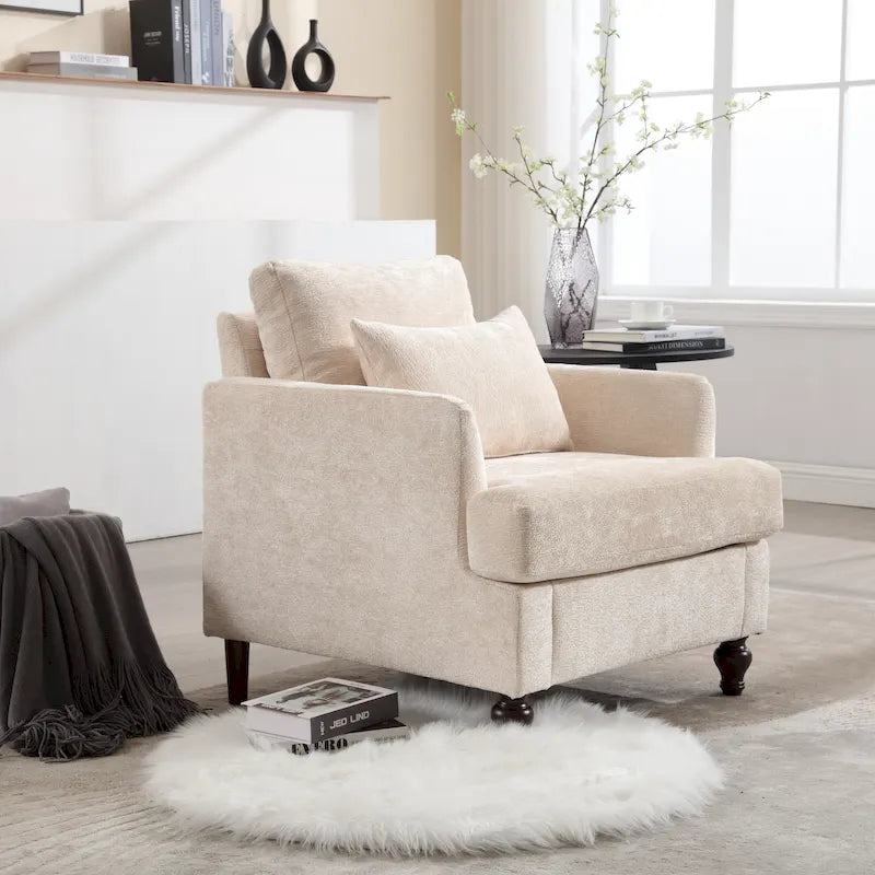 Modern Upholstered Accent Chair with Ottoman Boucle Fabric Wood Frame Ergonomic Backrest Padded Seat Living Room Bedroom Lounge
