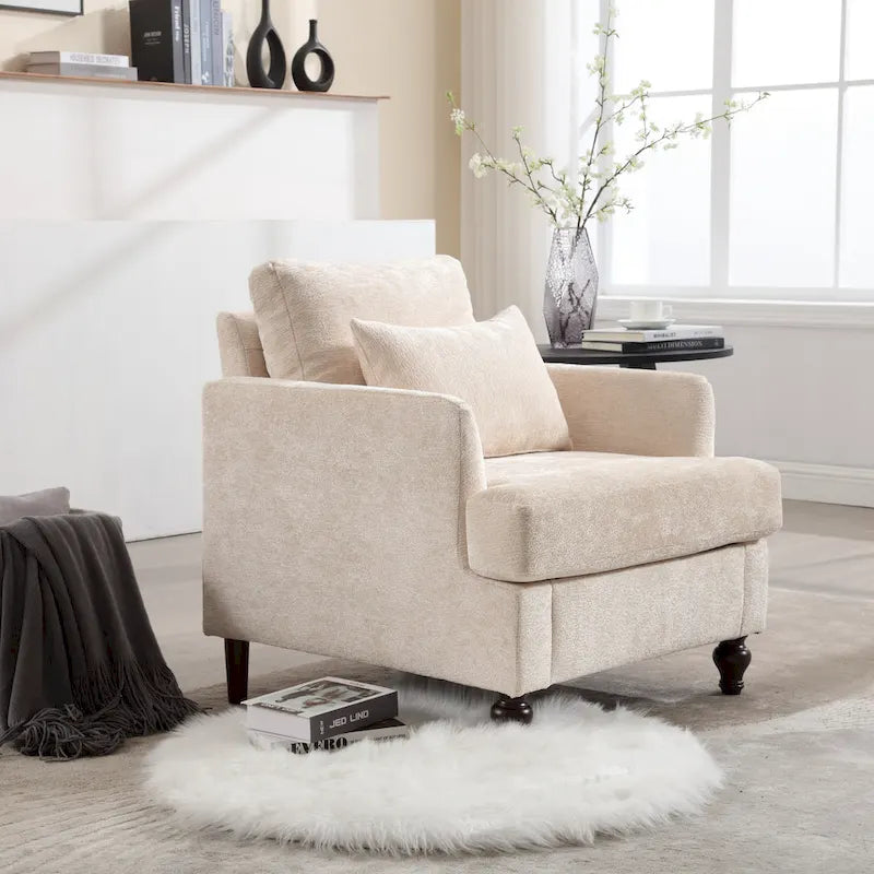 Modern Upholstered Accent Chair with Ottoman Boucle Fabric Wood Frame Ergonomic Backrest Padded Seat Living Room Bedroom Lounge