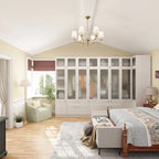 Large Frosted Glass Wardrobe with Soft-Close Hinges | MDF Construction | Light Gray Wood Grain | Gold Handles | Customizable Walk-In Closet