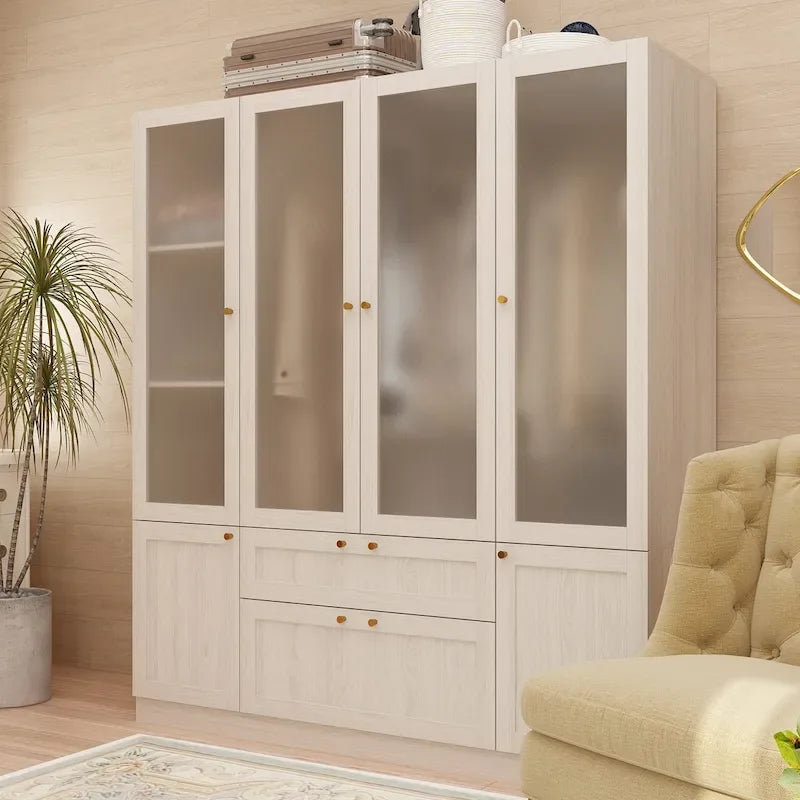 Large Frosted Glass Wardrobe with Soft-Close Hinges | MDF Construction | Light Gray Wood Grain | Gold Handles | Customizable Walk-In Closet