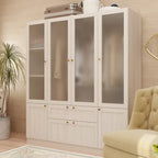 Large Frosted Glass Wardrobe with Soft-Close Hinges | MDF Construction | Light Gray Wood Grain | Gold Handles | Customizable Walk-In Closet