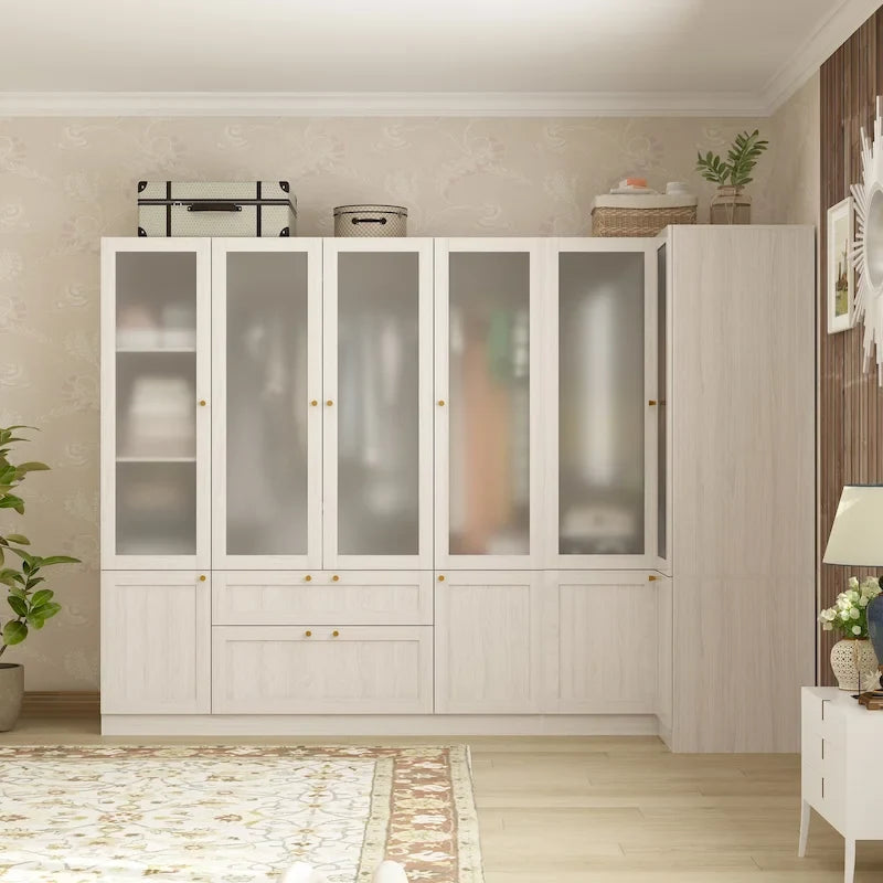 Large Frosted Glass Wardrobe with Soft-Close Hinges | MDF Construction | Light Gray Wood Grain | Gold Handles | Customizable Walk-In Closet