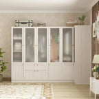 Large Frosted Glass Wardrobe with Soft-Close Hinges | MDF Construction | Light Gray Wood Grain | Gold Handles | Customizable Walk-In Closet