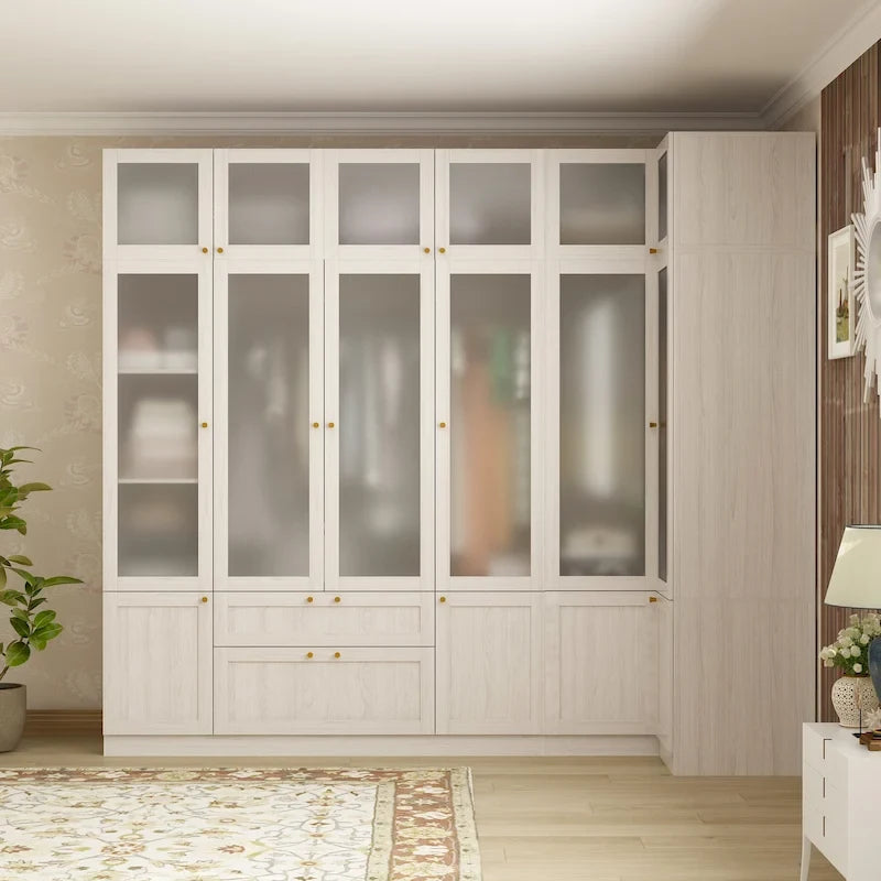 Large Frosted Glass Wardrobe with Soft-Close Hinges | MDF Construction | Light Gray Wood Grain | Gold Handles | Customizable Walk-In Closet
