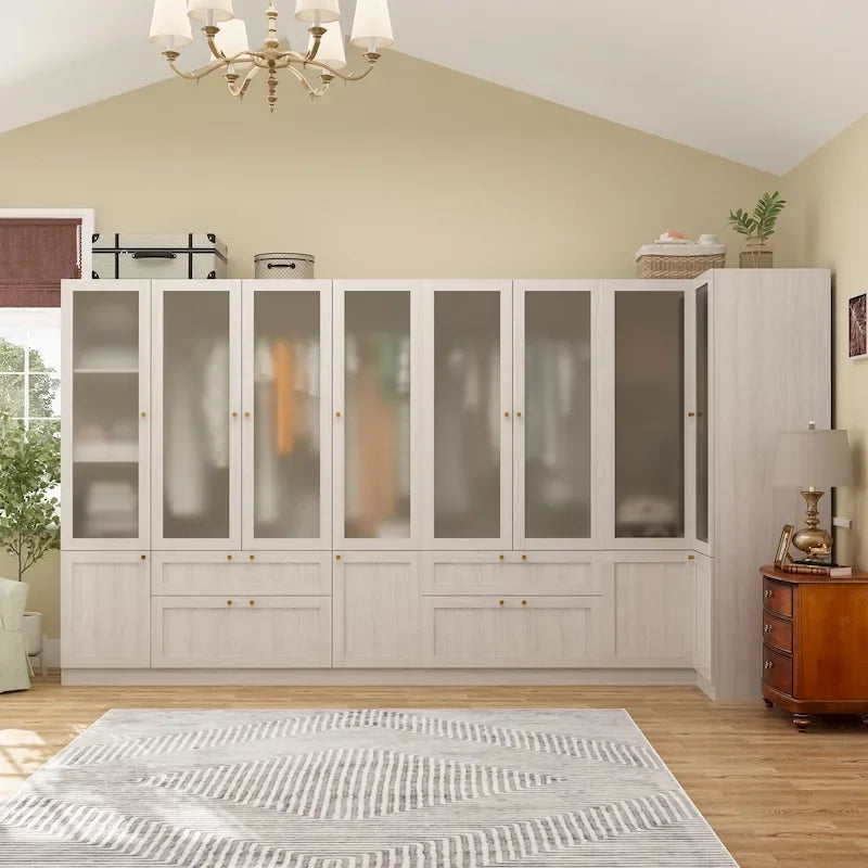 Large Frosted Glass Wardrobe with Soft-Close Hinges | MDF Construction | Light Gray Wood Grain | Gold Handles | Customizable Walk-In Closet