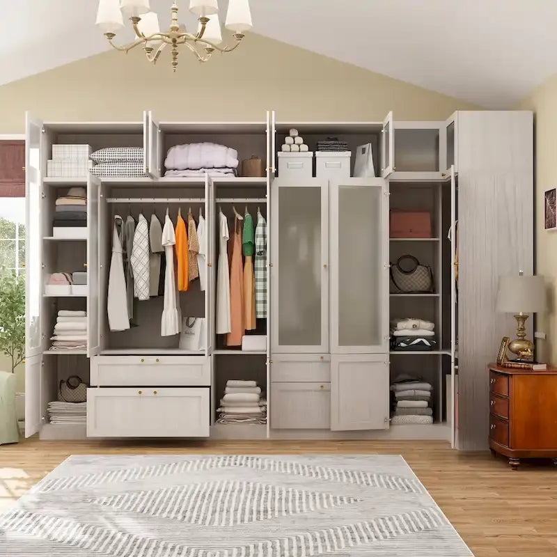 Large Frosted Glass Wardrobe with Soft-Close Hinges | MDF Construction | Light Gray Wood Grain | Gold Handles | Customizable Walk-In Closet