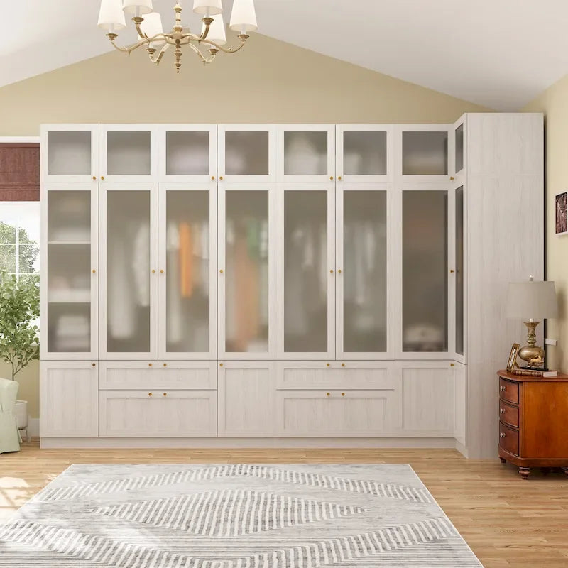 Large Frosted Glass Wardrobe with Soft-Close Hinges | MDF Construction | Light Gray Wood Grain | Gold Handles | Customizable Walk-In Closet