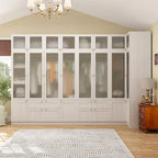 Large Frosted Glass Wardrobe with Soft-Close Hinges | MDF Construction | Light Gray Wood Grain | Gold Handles | Customizable Walk-In Closet