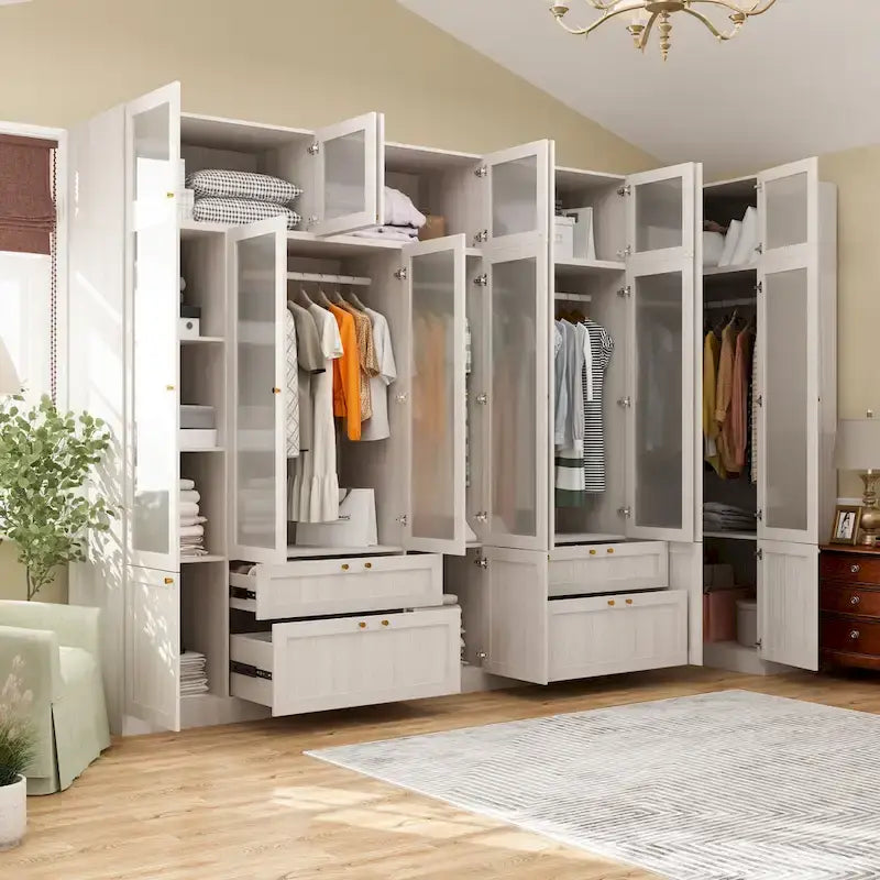 Large Frosted Glass Wardrobe with Soft-Close Hinges | MDF Construction | Light Gray Wood Grain | Gold Handles | Customizable Walk-In Closet