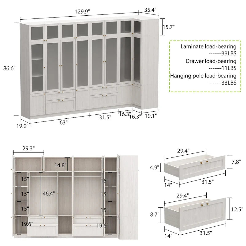 Large Frosted Glass Wardrobe with Soft-Close Hinges | MDF Construction | Light Gray Wood Grain | Gold Handles | Customizable Walk-In Closet