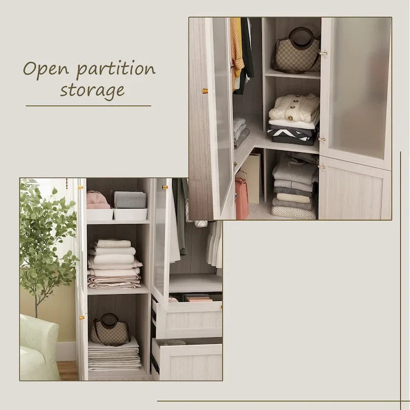 Large Frosted Glass Wardrobe with Soft-Close Hinges | MDF Construction | Light Gray Wood Grain | Gold Handles | Customizable Walk-In Closet