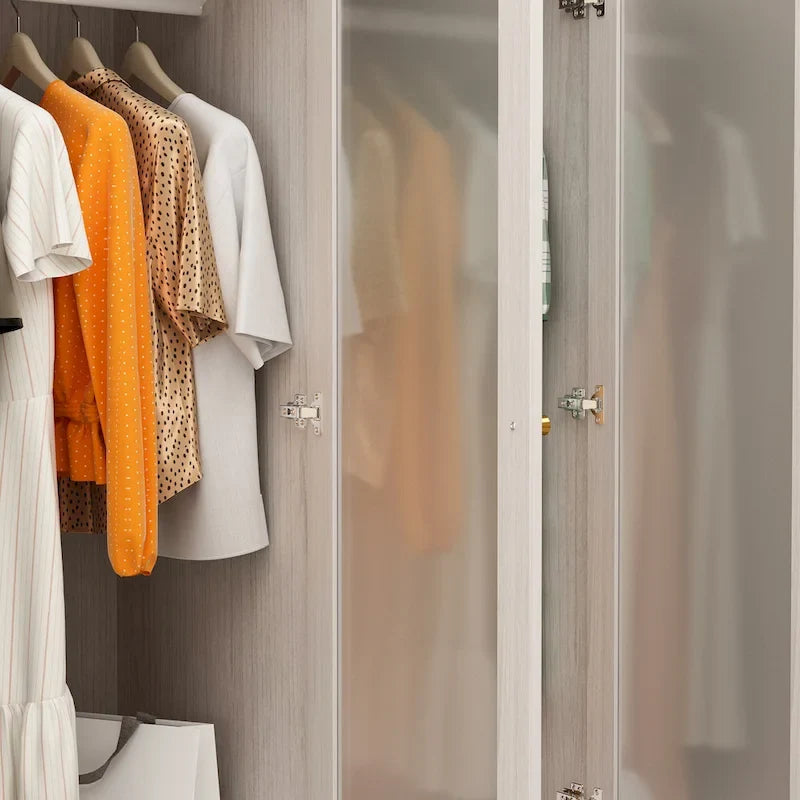 Large Frosted Glass Wardrobe with Soft-Close Hinges | MDF Construction | Light Gray Wood Grain | Gold Handles | Customizable Walk-In Closet