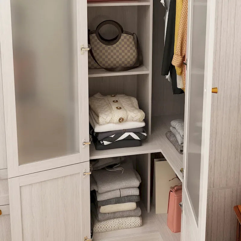 Large Frosted Glass Wardrobe with Soft-Close Hinges | MDF Construction | Light Gray Wood Grain | Gold Handles | Customizable Walk-In Closet