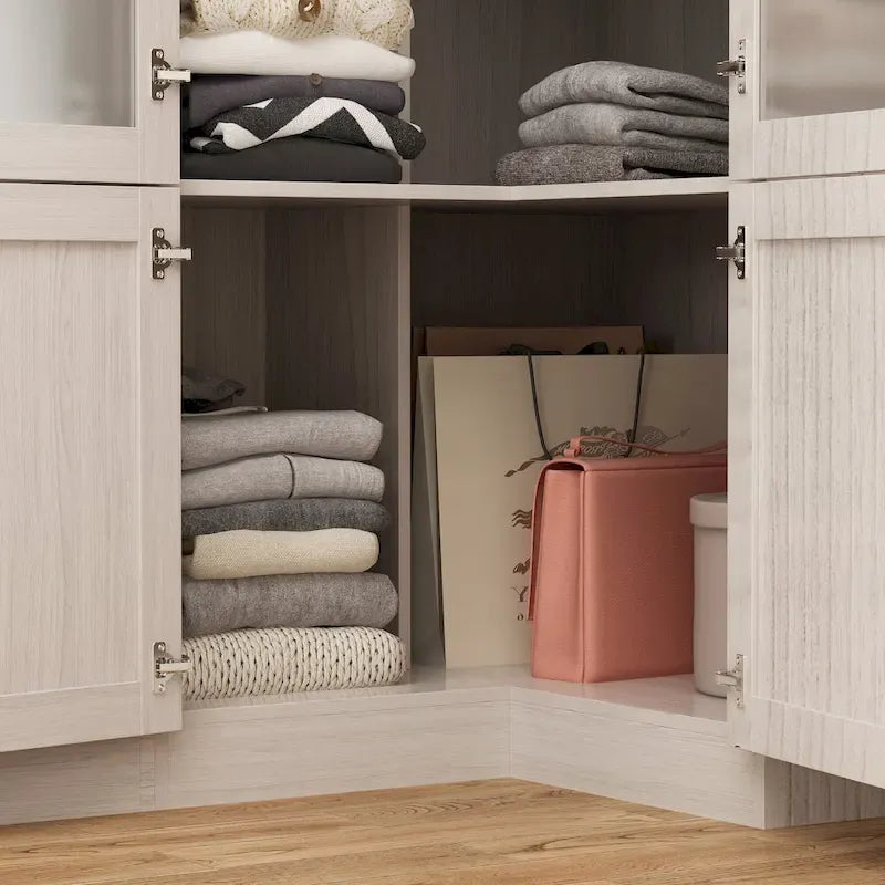 Large Frosted Glass Wardrobe with Soft-Close Hinges | MDF Construction | Light Gray Wood Grain | Gold Handles | Customizable Walk-In Closet